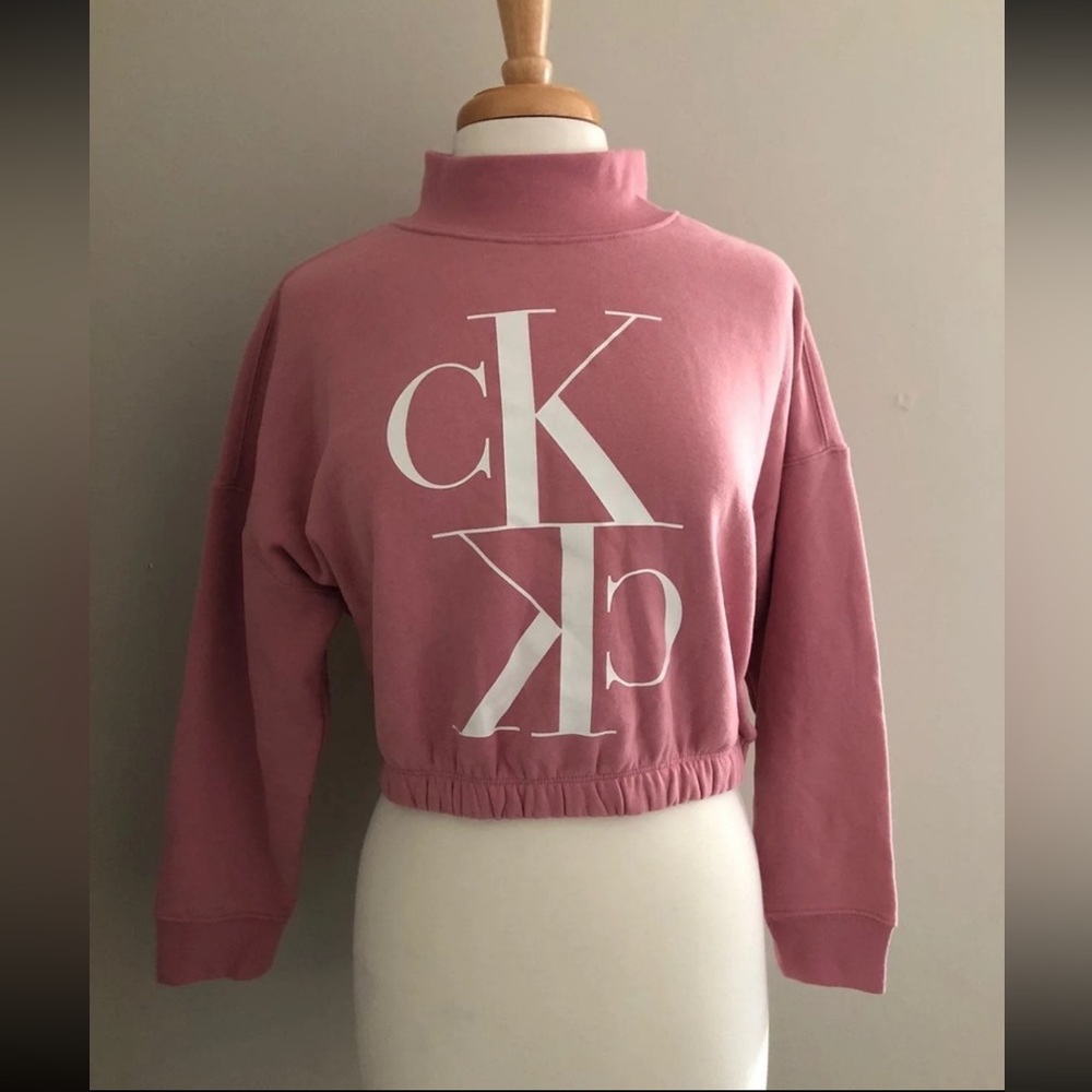 NEW Cropped Calvin Klein Sweatshirt Top S Pink Mock Neck Soft Elastic Mauve Rose